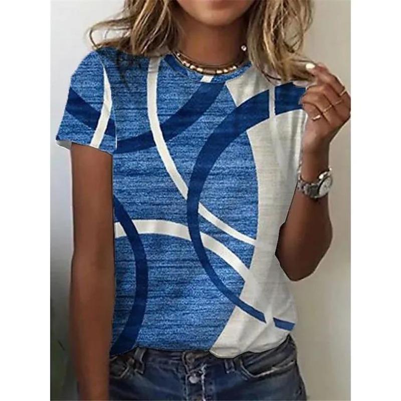 Fashion Women T Shirt Irregular Stripe Print O Neck Short Sleeve Basic Tops Streetwear Summer Oversized Clothing Female T-Shirts