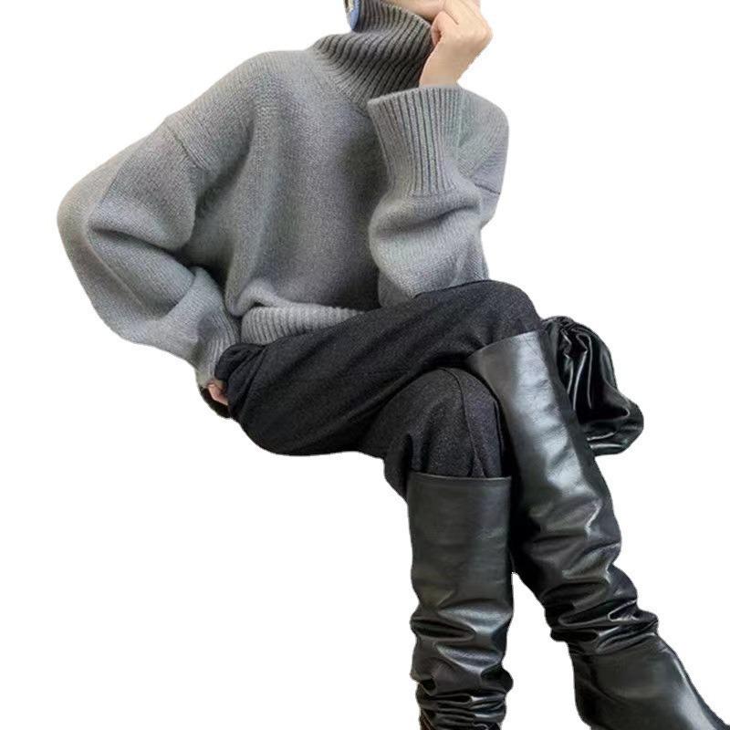 Women's European High Neck Pullover Sweater: Autumn/Winter Loose Fit, Slimming Plain Knit Base Layer