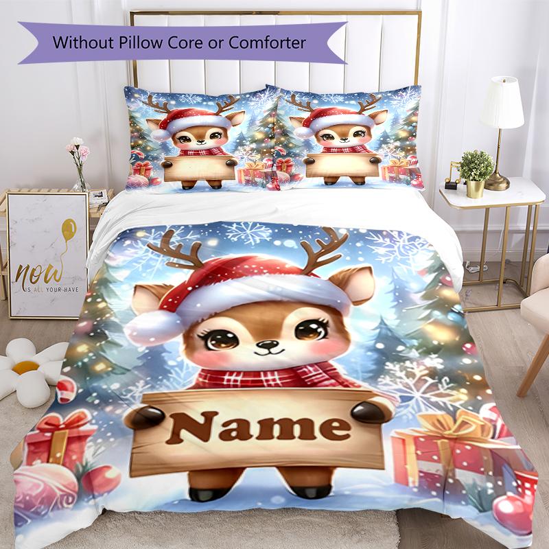 3pcs Custom Name Christmas Reindeer Bedding Set Duvet Cover Closure Includes 1 Duvet Cover & 2 Pillowcases, Soft and Comfortable for All Seasons.