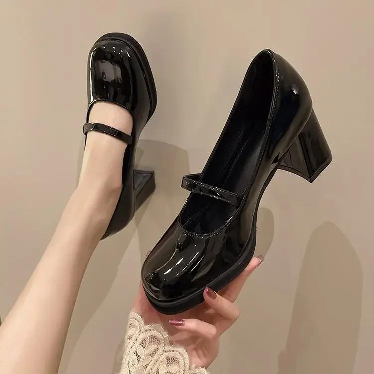Summer New Patent Leather Brown Shoes Vintage Thick High Heels Shoes Women Woman Square Toe Chunky Heels 2025 Black