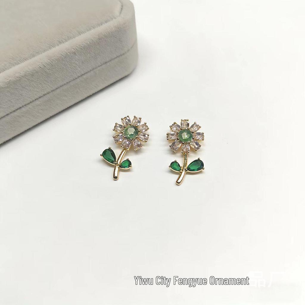 2025 High-End Crystal Flower Green Leaf Zircon Stud Earrings - Trendy & Delicate for Women