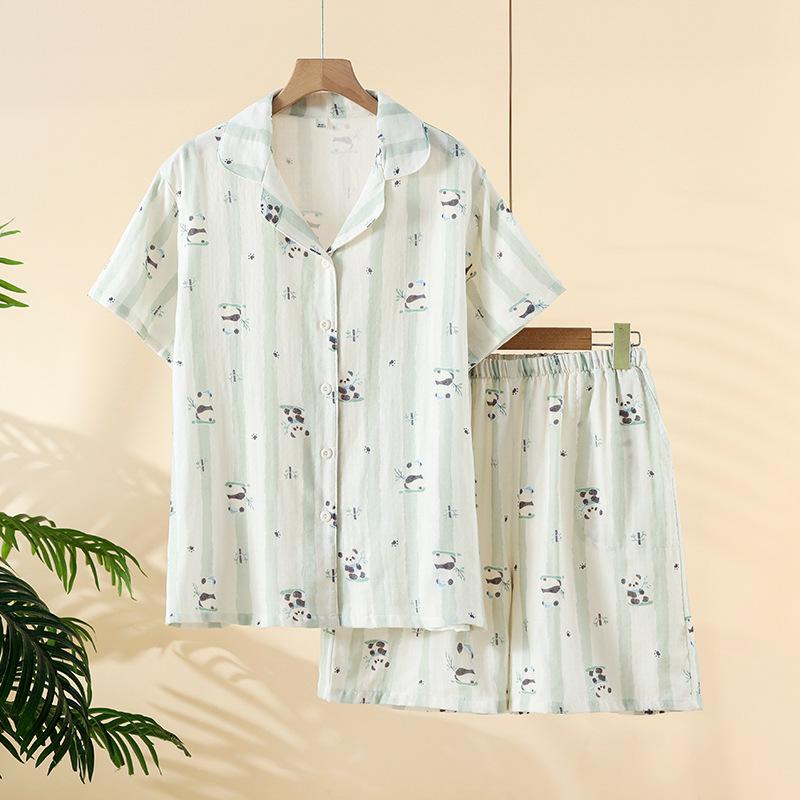 2026 Summer New Women's Pajama Set 100% Cotton Gauze Short Sleeve Shorts Two Piece Set Thin Cardigan Home Clothes Sleepwear