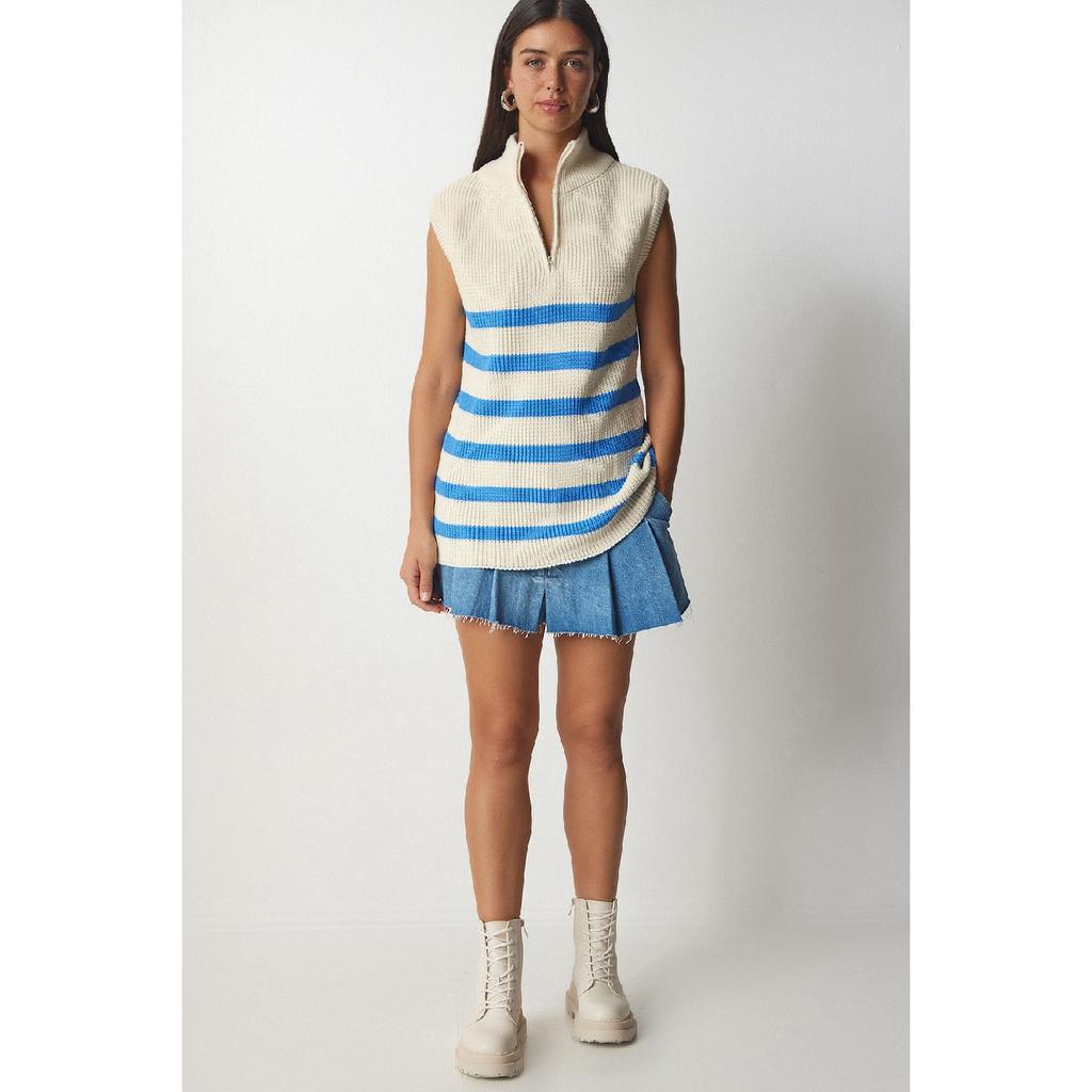 Women's Cream Black Zippered Collar Striped Sweater Mx00123