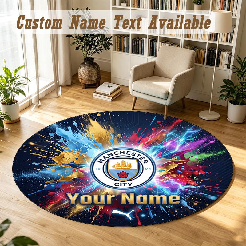 Round Rug Custom NameManchester City Pattern Non Slip Carpet Home Floor Decor