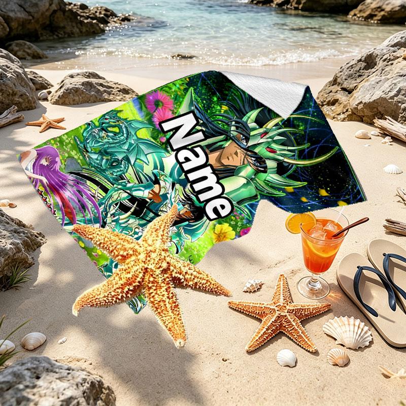 Custom Name Personalized Saint Seiya Print Beach Towel, for Trip Camping Beach Party Home Decor, Birthday Gift for Family & Friends