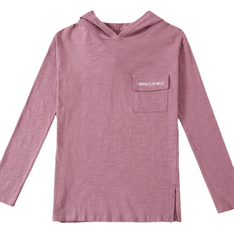 2026 Spring and Autumn Women's Pure Cotton Loose Hooded Long Sleeve T-Shirt, Comfortable Casual Top