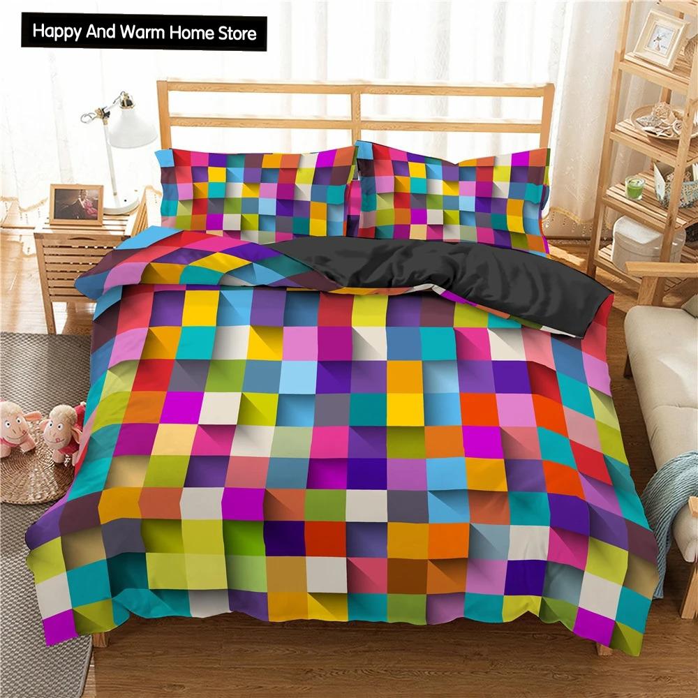 Building Block King Queen Duvet Cover Colorful Brick Bedding Set for Boys Teens Adults Cartoon 2/3pcs Polyester Comforter Cover
