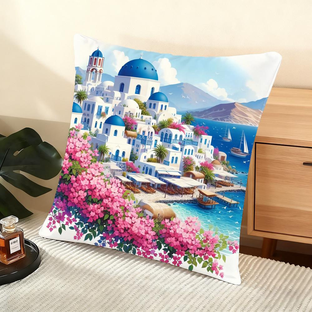 Santorini Landscape Cushion Cover Soft Short Plush Pillow Cover Smooth Cozy Texture Aesthetic Cushion Case Home Decor