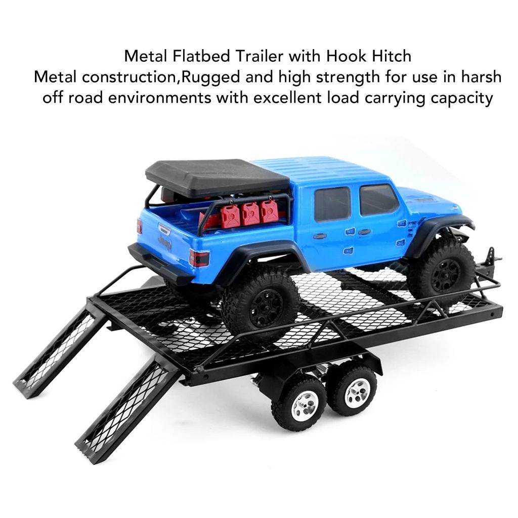 Rimorchio RC, Rimorchio RC in Scala 1/10 per Trainare Dietro un'Auto, Rimorchio Piattaforma in Metallo con Gancio di Traino e Ricevitore per RC Crawler 4 6 SCX10 Gen7 Gen8 Upgra