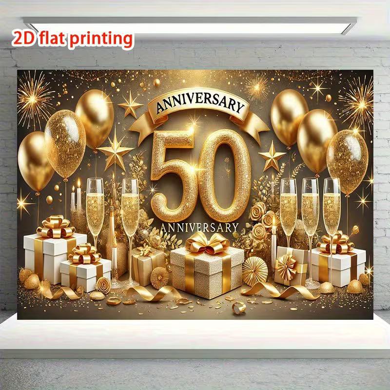 2D Golden Wedding Backdrop "Anniversary" Banner with Gift Boxes & Confetti Photo Booth Background