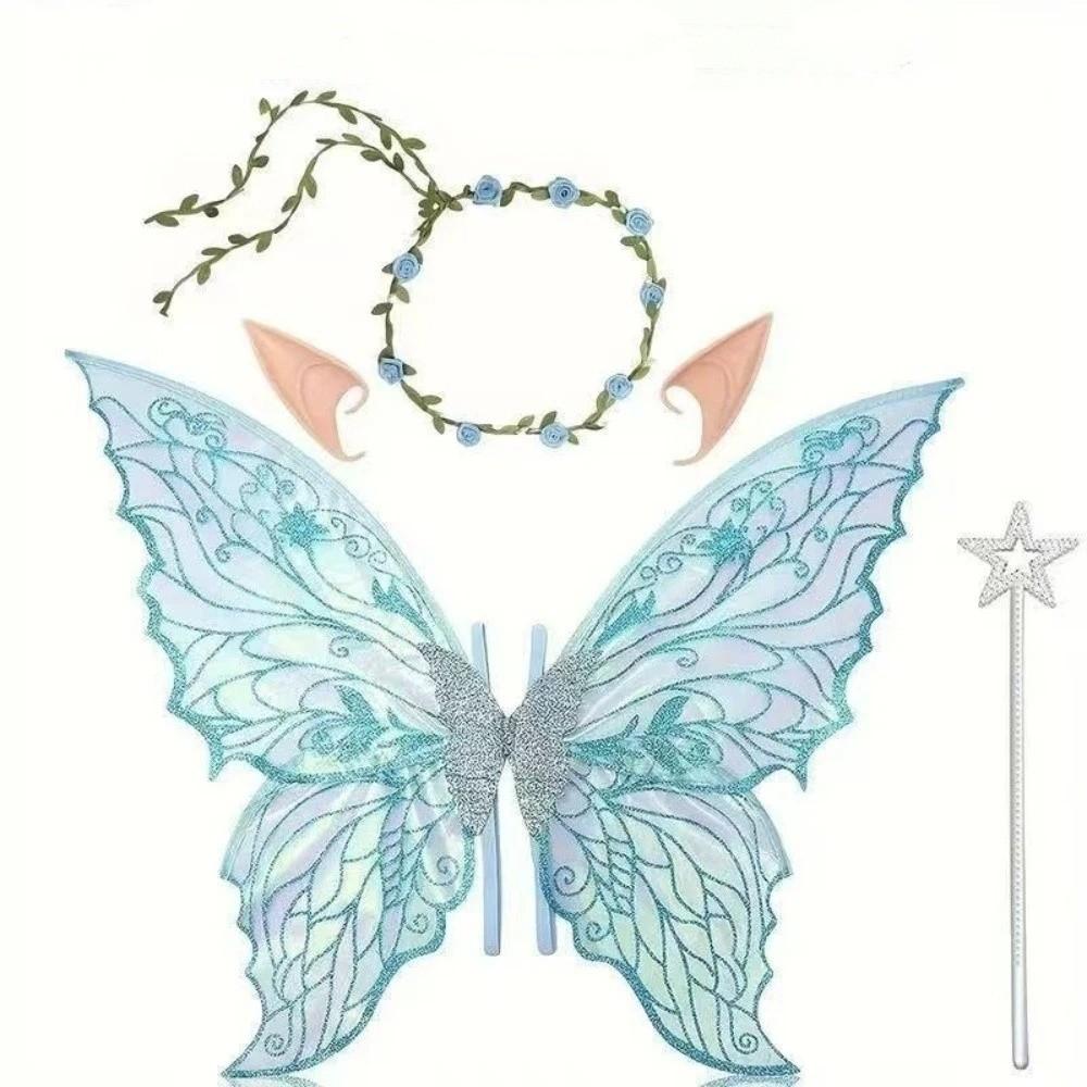 Sparkling Wings Wreath Elf Ear Set Foldable Fairy Cosplay Set Butterfly Wings Set  Themed Party