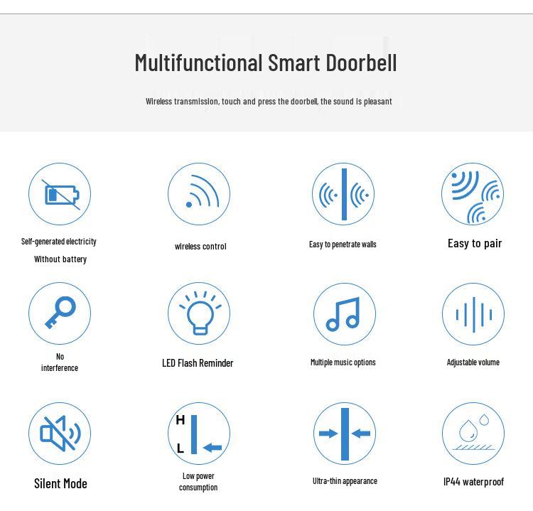 Wireless Waterproof Self-Powered Smart Doorbell with UK Plug