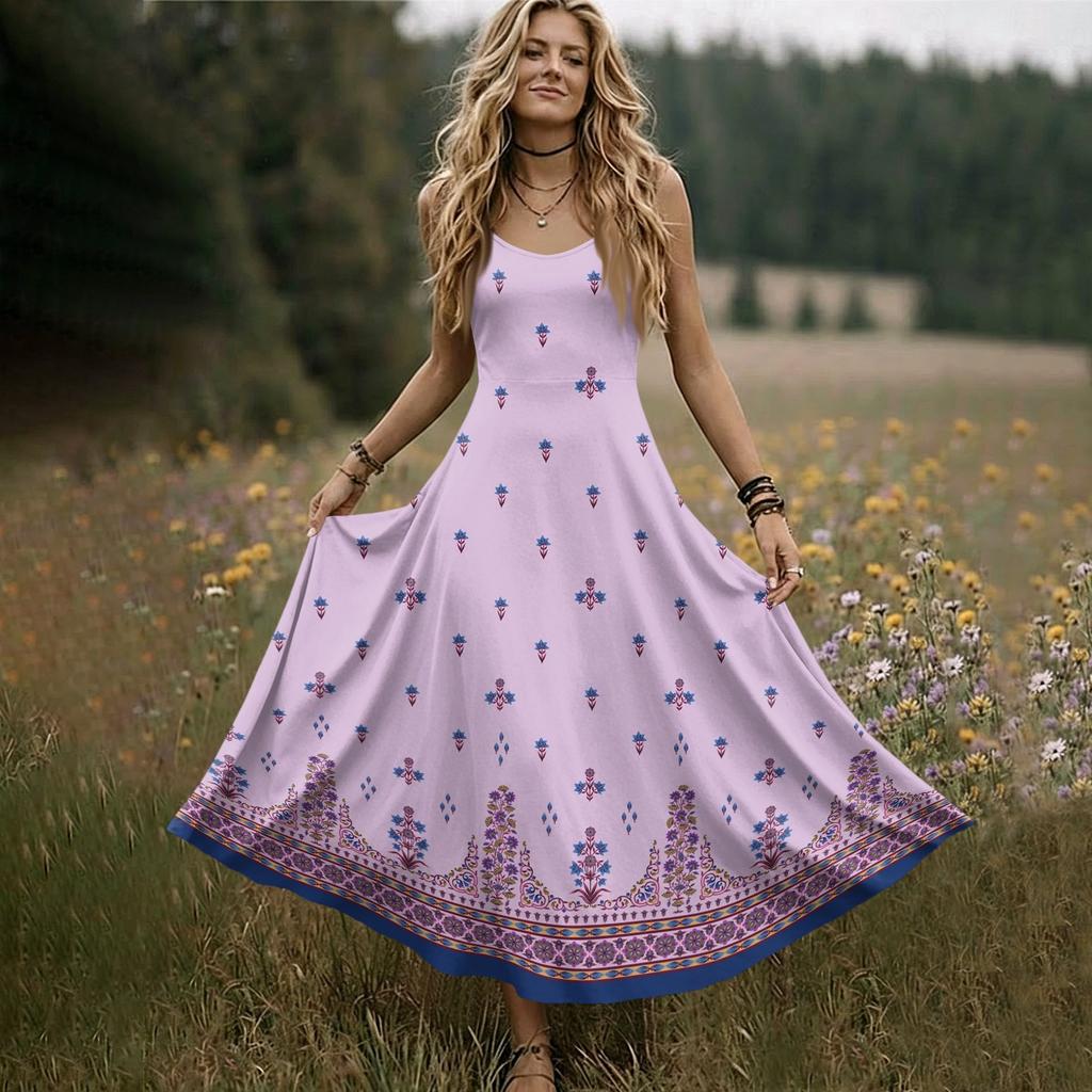 Women Sleeveless Maxi Dress Summer V Neck Long Casual Bohemian Style Spaghetti Strap Printed Sundress with Flared Hem