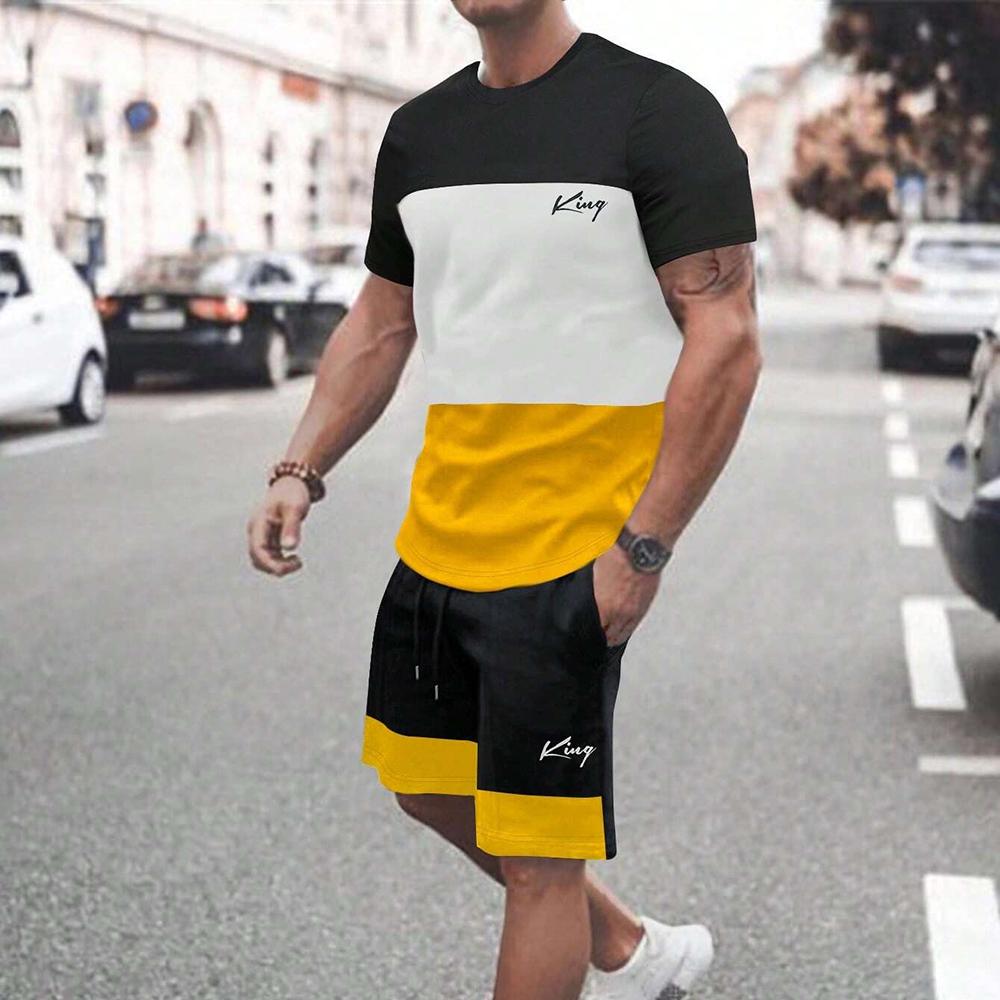 Vyriškas vasarinis 3D raidžių ir gėlių rašto marškinėlių ir šortų su raišteliu rinkinys, sportinė apranga