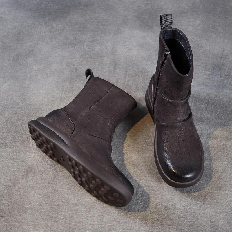 Johnature Genuine Leather Thick Soled Pleated Short Boots Side Zipper Soft Soled Cowhide Women's Boots