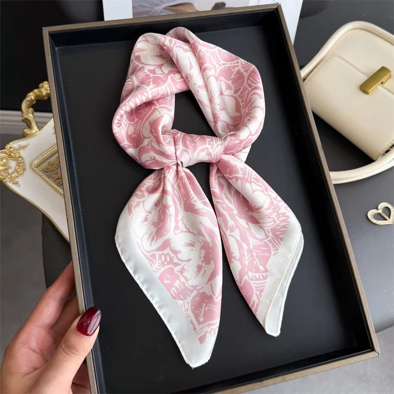 Luxury Fashion 70cm Floral Print Square Scarf for Women Hair Hand Neckerchief Wrist Hijab Wraps Lady Shawl Bandanna