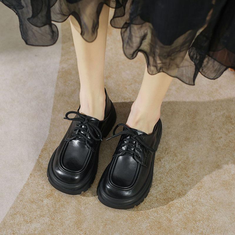 Plateau Damen Sommer Akademie Stil Schwarz Schnürschuhe Britische kleine Lederschuhe Damen