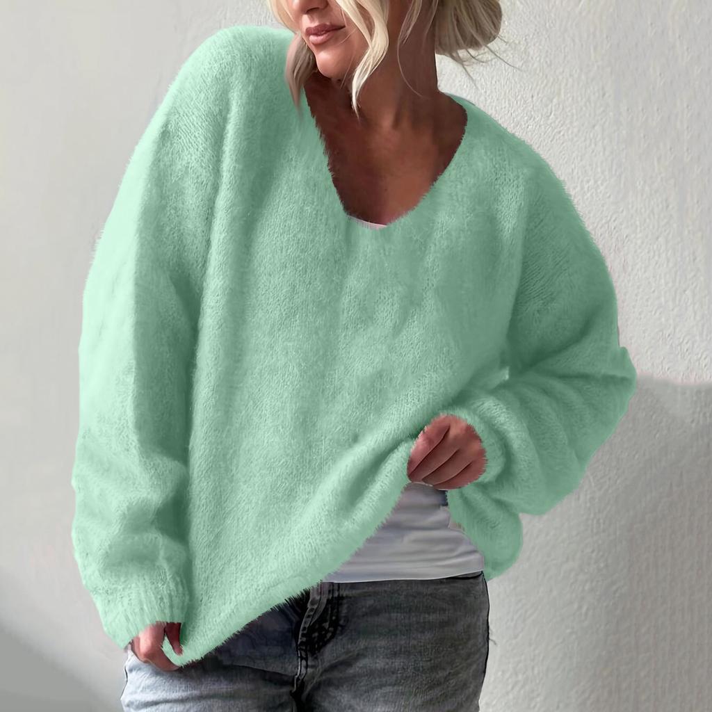 Women's Fashion Casual V-neck Solid Color Long-sleeve Knitted Sweater Top