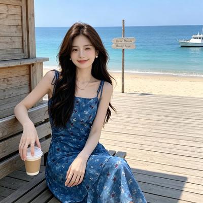 Vacation Style Retro Floral Suspender Dress Women's 2026 Summer Seaside Design Irregular Long Dress Word Skirt