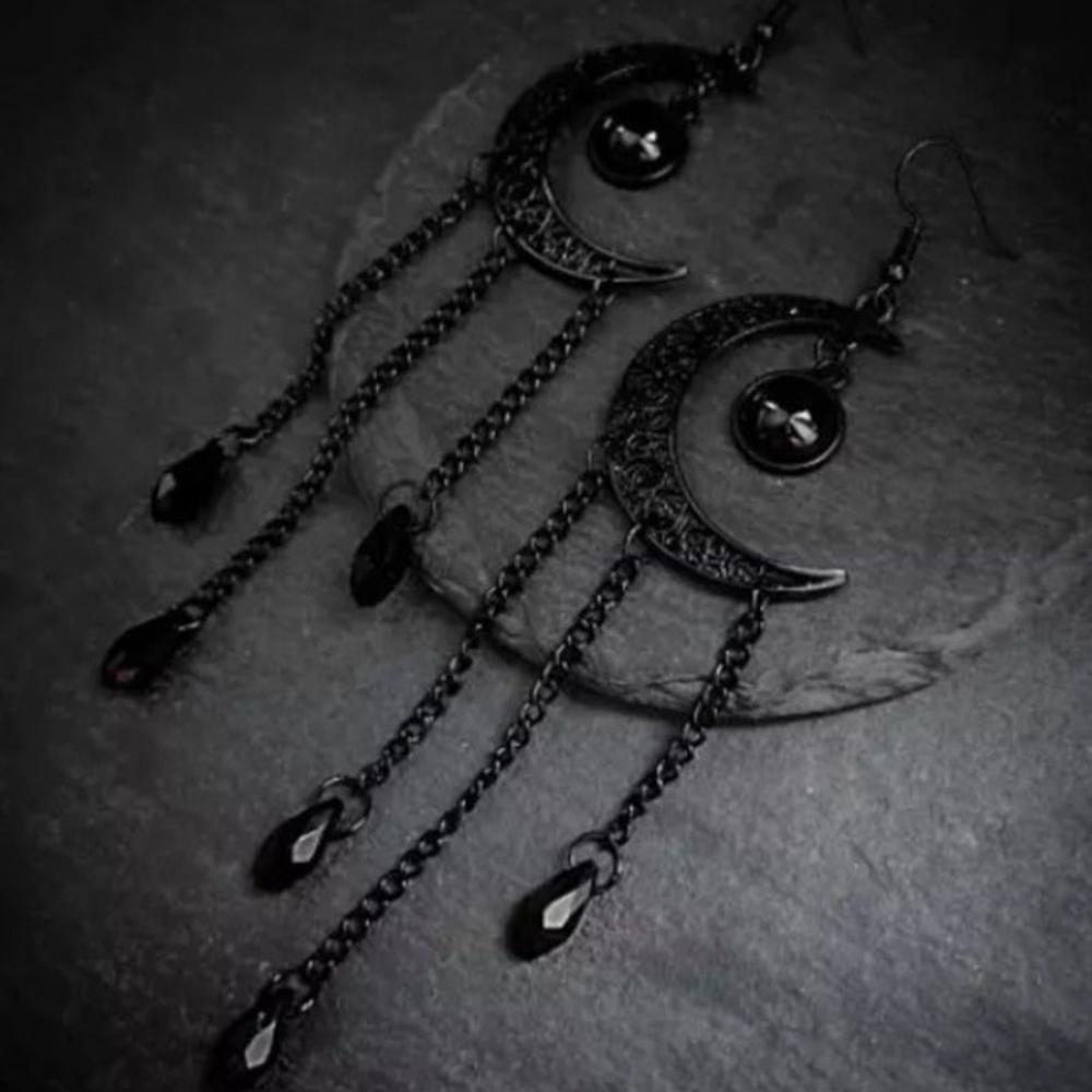 Alternative Bohemia Black Moon Solar System Water Droplet Tassel Dangle Earrings for Women Gothic Hallowmas Party Jewelry Gifts