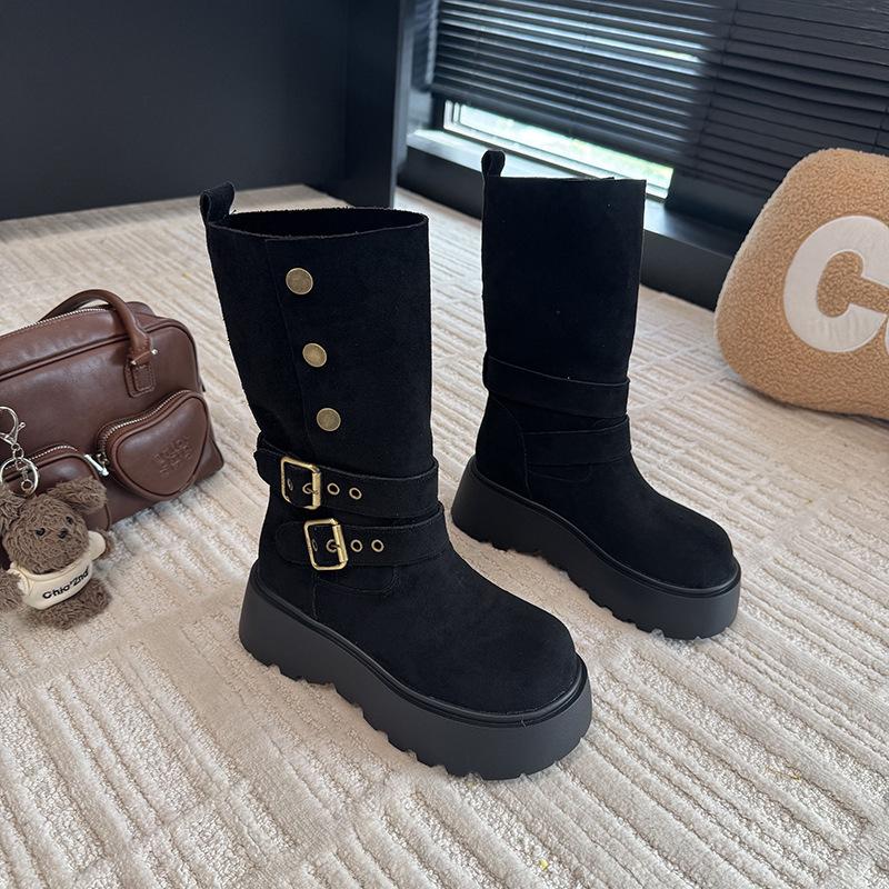 Retro Two-wear Folded Thick-soled Medium Boots Children's 2025 Autumn New Belt Buckle Medium Tube Fashion Short Boots