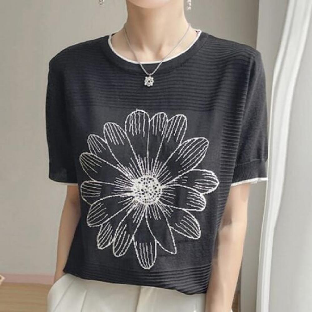 Navava Women Flower Color Block Short Sleeve Knit Tee Nk3035