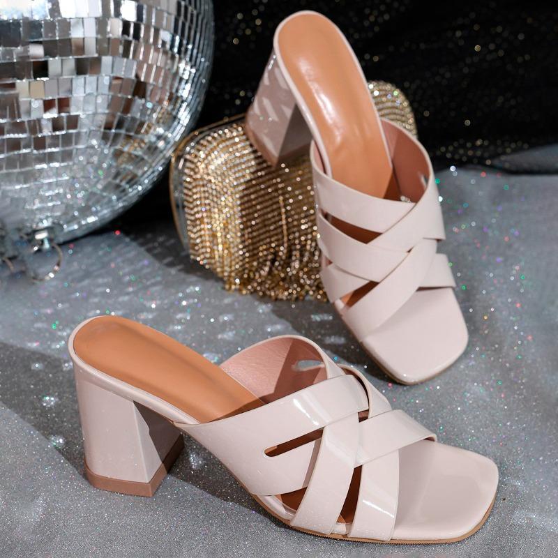Fashion Women's Slippers Summer High Heels PU Leather Women's Thick Heel Sandals Casual Solid Color Large Size Open Toe Zapatillas
