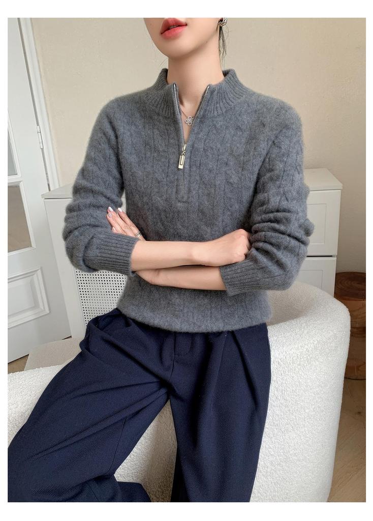 Women's Cashmere Cable Knit Half-Zip Sweater - Loose Fit, Half-High Neck, Solid Color for Autumn & Winter