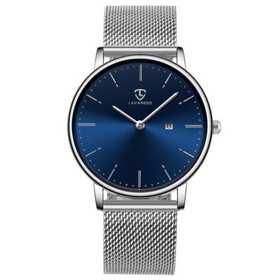 Watch Simple Stylish Thin Casual Date Display Waterproof Analog Quartz Watch Mesh Band Blue Silver [BEN NEVIS] Men's