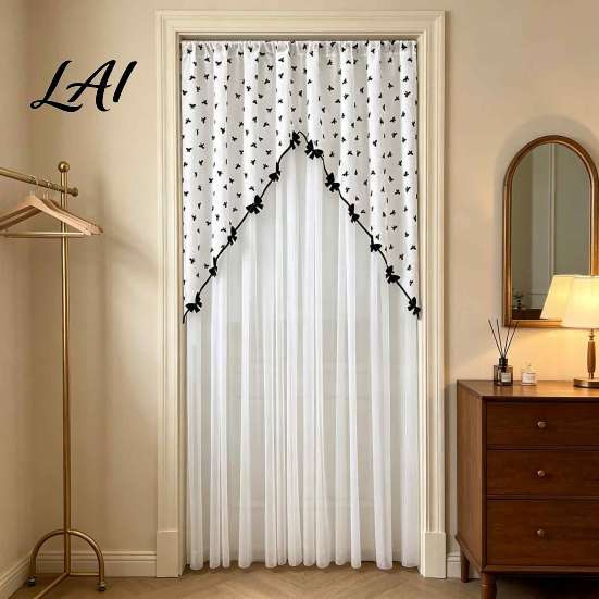 Elegant Sheer Door Hangings Floral Curtain with Beads Lace Embroidered Gauze Room Romantic Home Decor for Living Divider Rod Pocket Doorway Bedroom