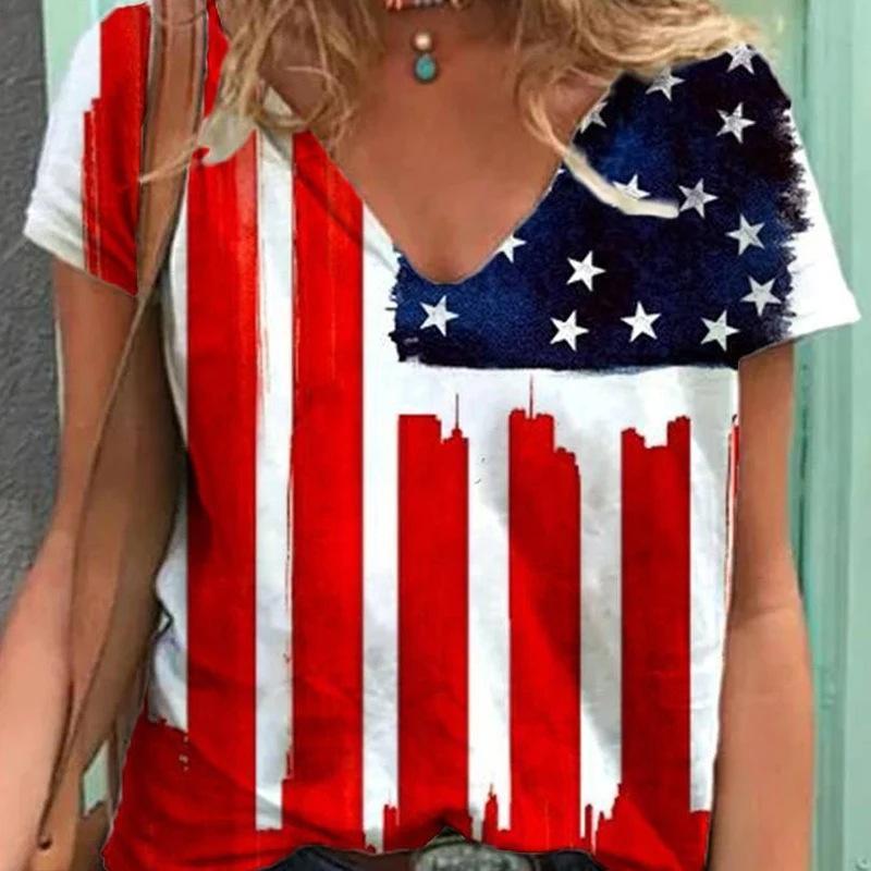 Summer V-neck 3D American Flag Printed Top Fashionable Casual Short Sleeved Women's T-shirts