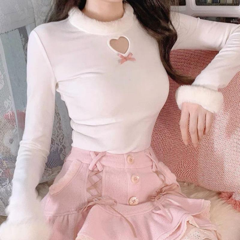 

2KWEIRD Y2k Эстетика Сердце Вырез Футболки Повседневные O-образный вырез Бант Пэчворк Приталенные Футболки Женские Пышный рукав Каваи Милые Харадзюку Топы S