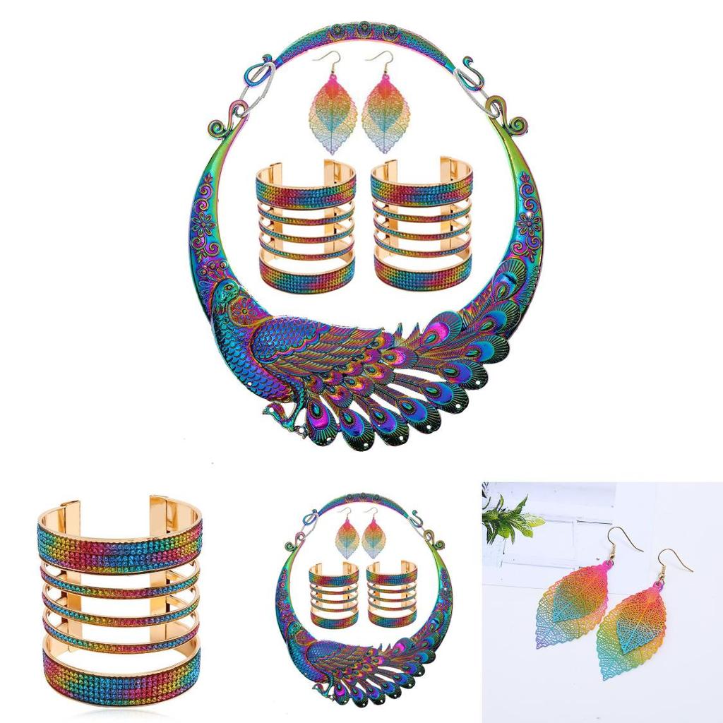 Colorful Necklace Earrings Bracelet Three Piece Set With Peacock Shaped Designss For Gift And Party