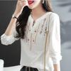 Women Blouses Tops Lady Casual Embroidery V-Neck Long Sleeve Vintage Loose Blusas Top
