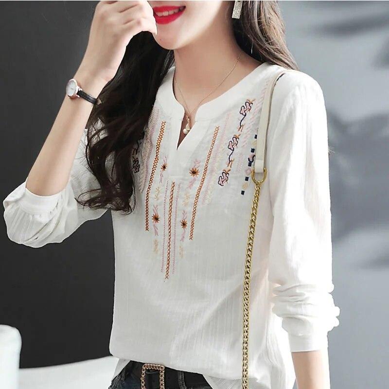 Women Blouses Tops Lady Casual Embroidery V-Neck Long Sleeve Vintage Loose Blusas Top