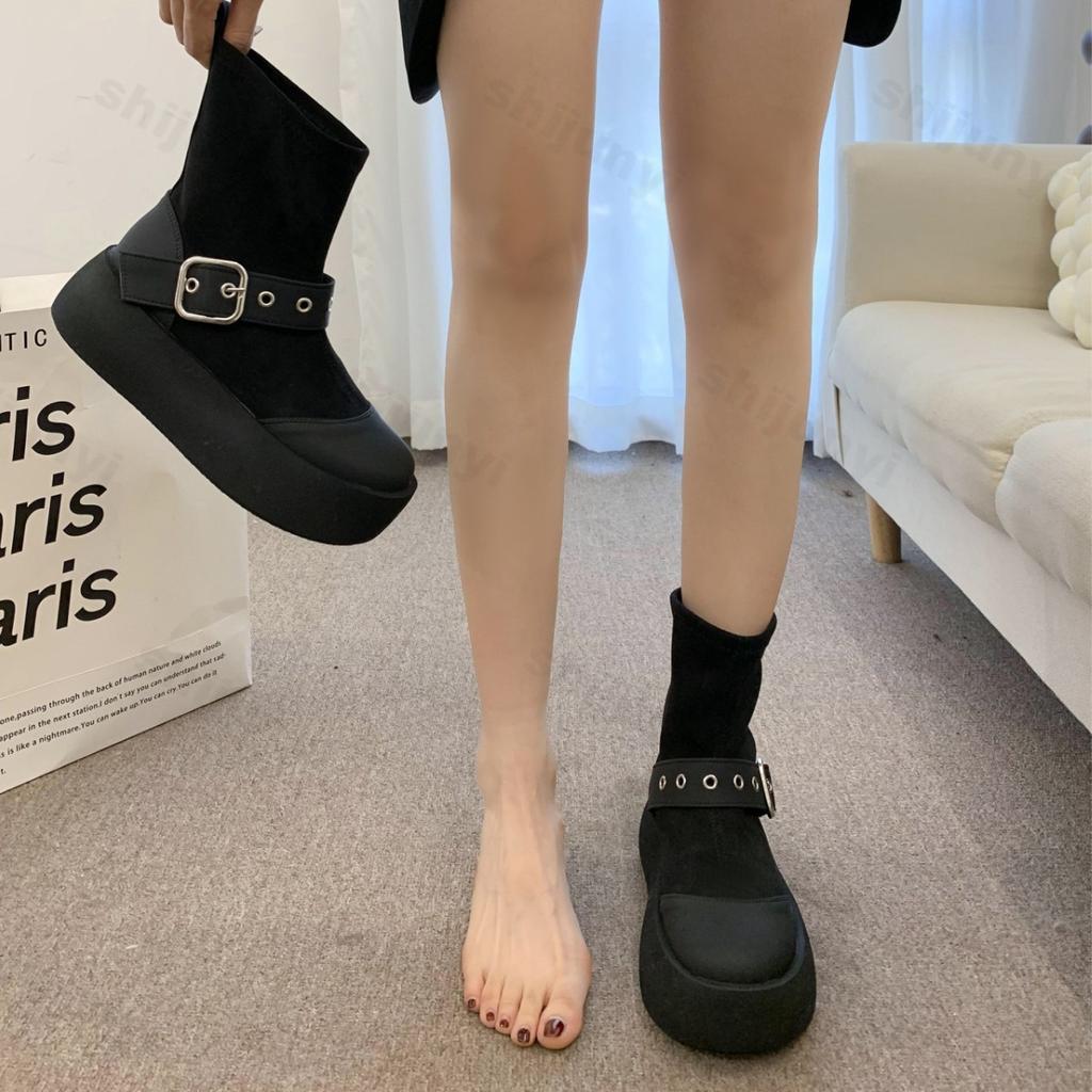 Punk Thick Heel Platform Boots Women Chunky Heels Fashion Buckle Motorcycle Boots Woman Black White Thick Bottom Ankle Booties