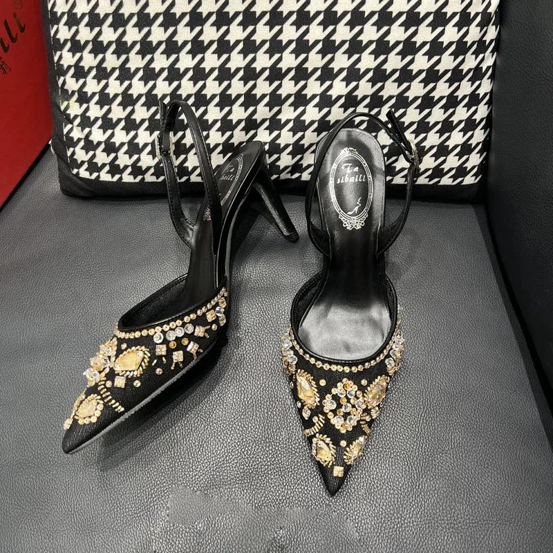

Fashion French style slim heel pointed toe 2025 new summer fashion high heels with a straight rhinestone sexy toe cap sandals for women 41