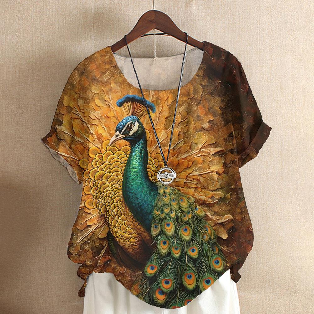 Harajuku Casual Short Sleeve Top Tee O Neck Oversized Female Clothing Women's T-Shirts Cute Animal Peacock 3d Print T-Shirt