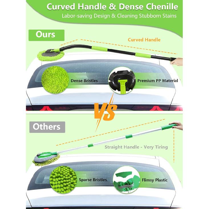 Curved Car Wash Brush Mop 47" With Long Handle Sturdy Metal Pole 3 Grip Points Washing Wand Auto Cleaning Tool Kit Scratch-Free Chenille Microfiber