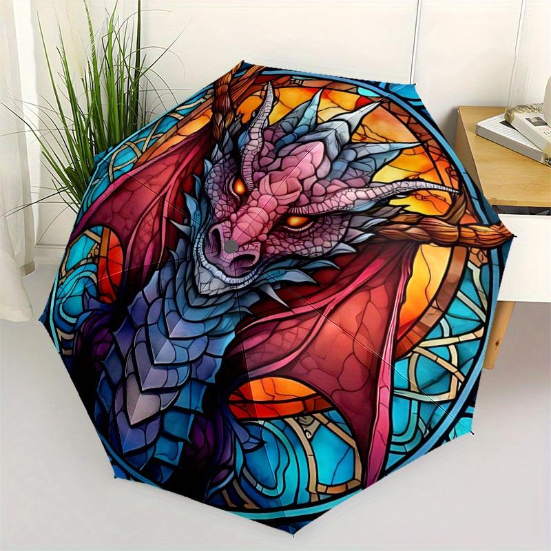 1pc Dragon StainedGlass Automatic Open/close Umbrella, 8-Rib sturdy structure, Portable Travel Umbrella, Parties, Everyday Use, Outdoor Acce