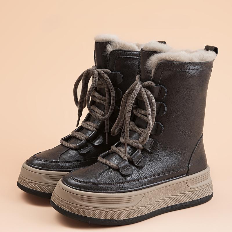 Женские зимние ботинки на толстой платформе нескользящие теплые с меховой подкладкой ботильоны удобная обувь для ходьбы кожаные ботинки до середины голени для женщин 40 хаки 6530₽