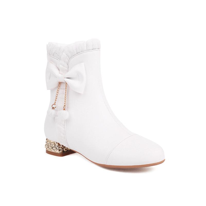 

Жіночі ботильйони Лоліта Круглий носок На товстому низькому каблуці Каваї з оборками на ланцюжку Бант Короткі черевики Жіноче взуття для косплею Осінь Зима 39 білий