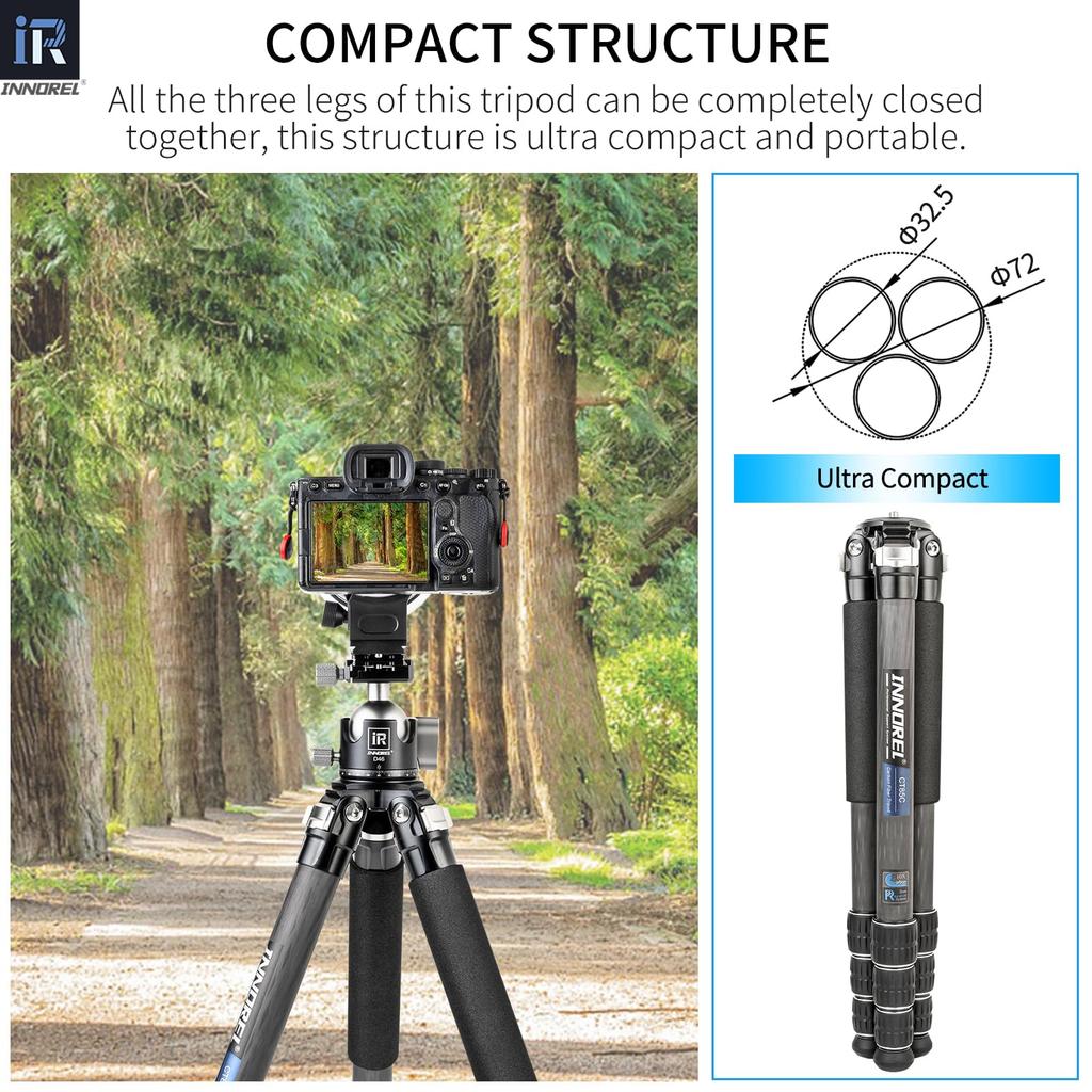 INNOREL Camera Tripod Carbon Tripod Single Lens Reflex Tripod with Ball Head 4 Steps Telescopic Working Height Pipe Diameter 25KG Maximum Load