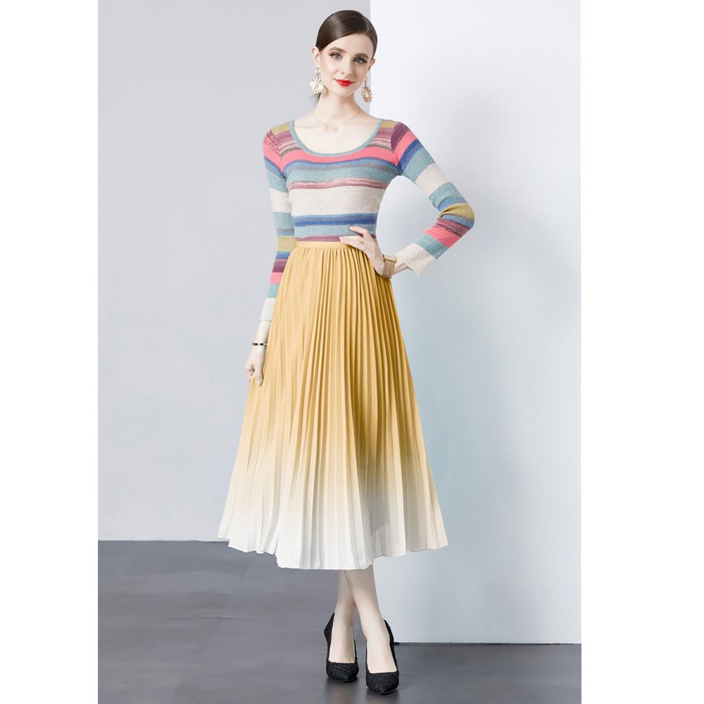 

Весна-Осень, повседневный комплект из 2 предметов, женские наряды, модные полосатые вязаные топы с длинными рукавами и градиентными шифоновыми плиссированными юбками-миди, костюмы XL жёлтый