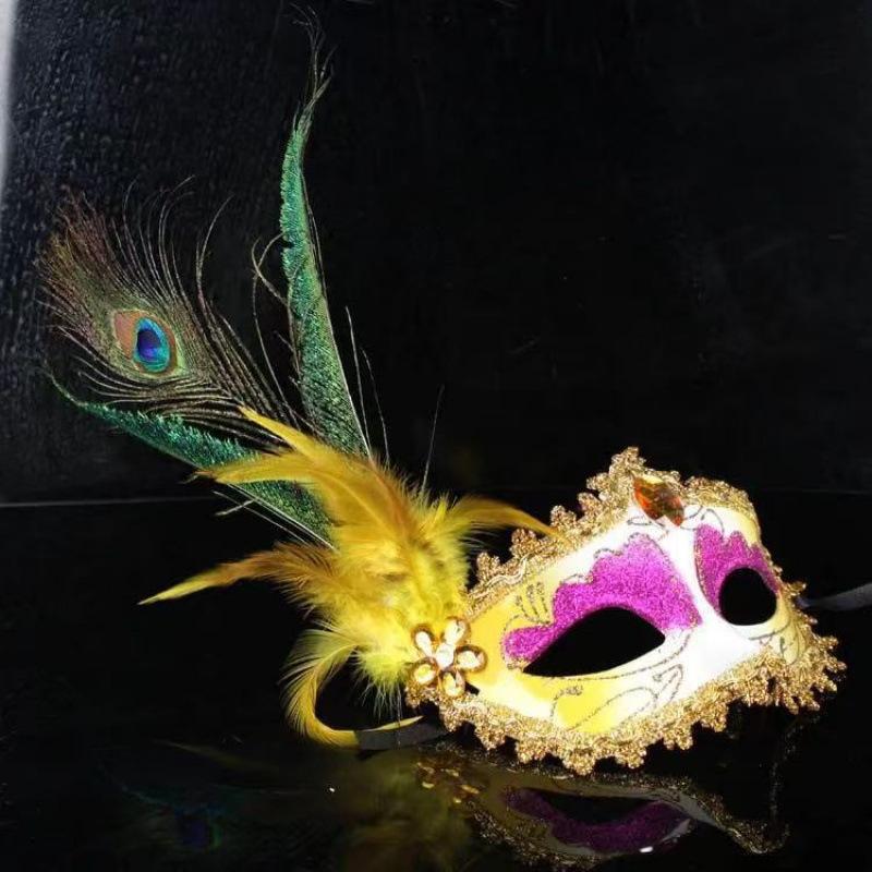 Masquerade Mask Women Peacock Feather Mask Mardi Gras Mask Fashion Blue Green Metal Shiny Rhinestone Halloween Party