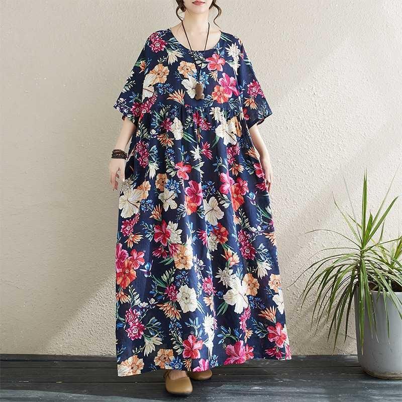 Simple and Fashionable Bohemian Long Dress Summer New Fattened Plus Short-sleeved Crew Neck Printed Dress