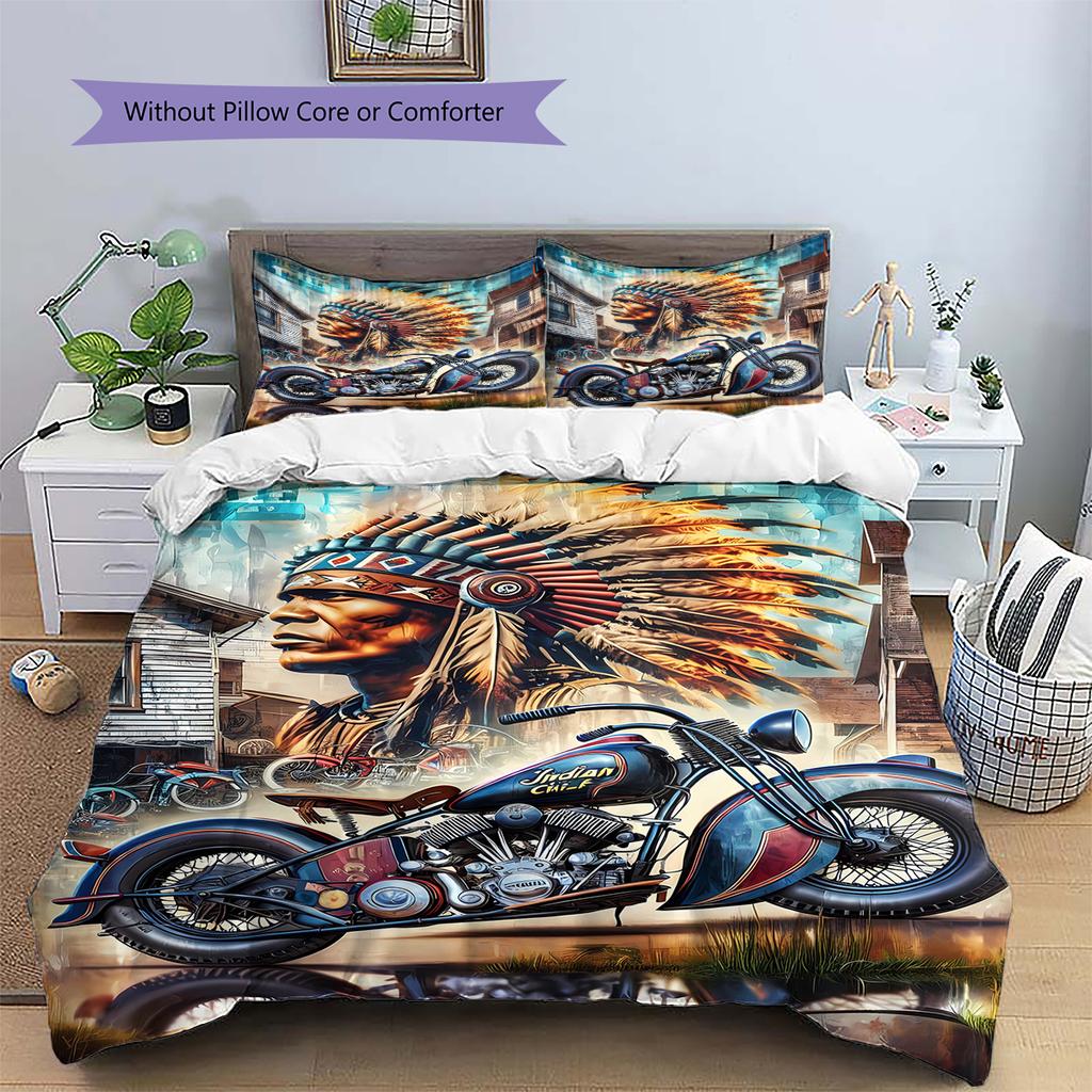 Indian Chiel Motor Pattern Bedding Quilt Set Quilt Cover Pillowcase Home Decoration Gift (1 * Duvet Cover + 2 * Pillowcase, Without Core)