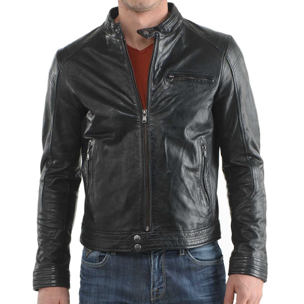 SkinOutfit Men's Genuine Lambskin Black Leather Jacket Stylish Motorcycle Bomber Biker Outerwear MJ 10