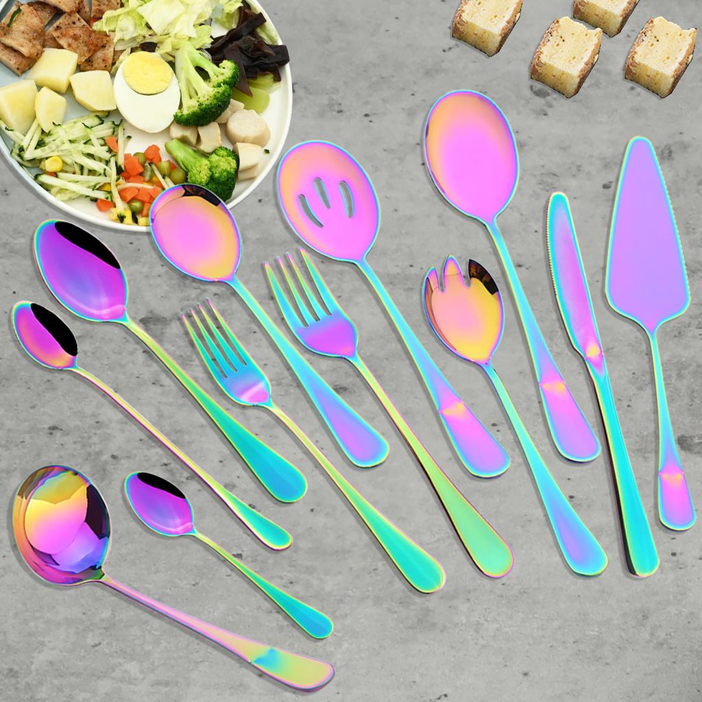 7 stk Flerfarget servisesett Kakespatel Service Suppeskje dørslag skje salatgaffel skjeer bestikksett rustfritt stål servise