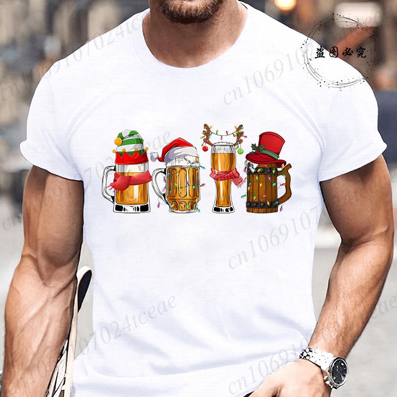 Fashionable Merry Christmas Beer Pattern Men's T-shirt Fashionable Trend Drinking Beer Printed T-shirt Fun Christmas Party Shirt Top